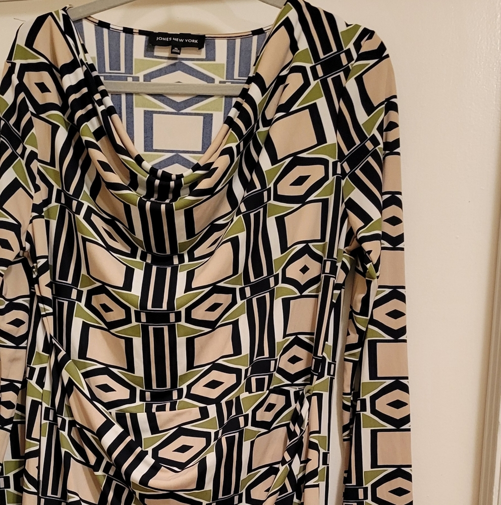 Jones New York Size XL Dress Cowl Neck Spring Black Tan Green